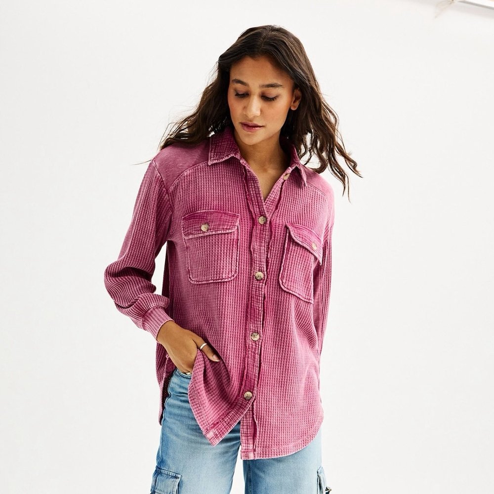 Briggs Waffle Knit Shirt Jacket Shacket Rose Pink Oversized Medium NWT